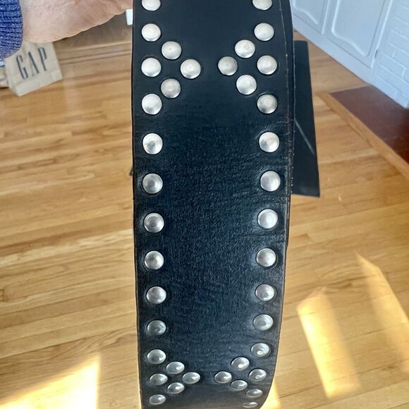 Black Leather Studded Western Boho Moto belt brass buckle 37 ins long main image 8